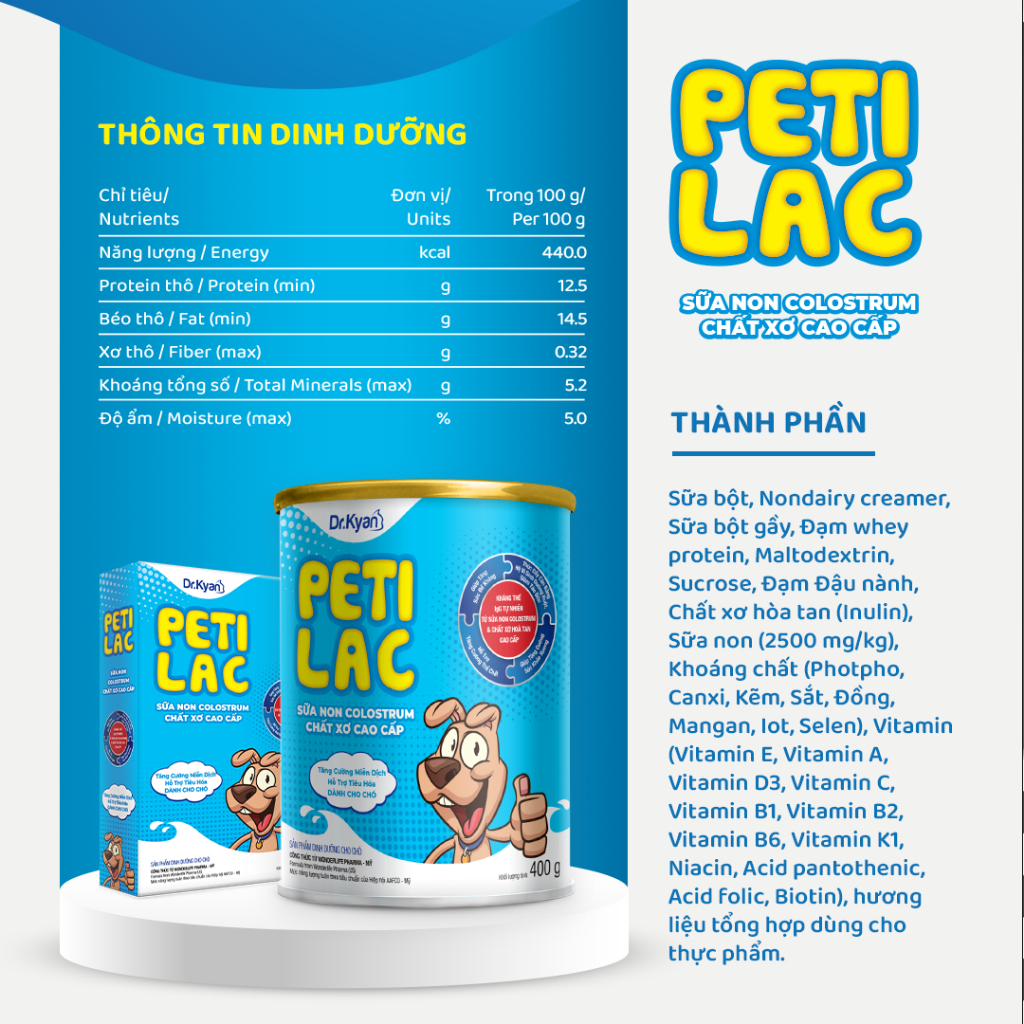 Dr.Kyan - Sữa bột dinh dưỡng PETILAC - Bổ sung sữa non Colostrum & Chất xơ cao cấp cho chó 100g
