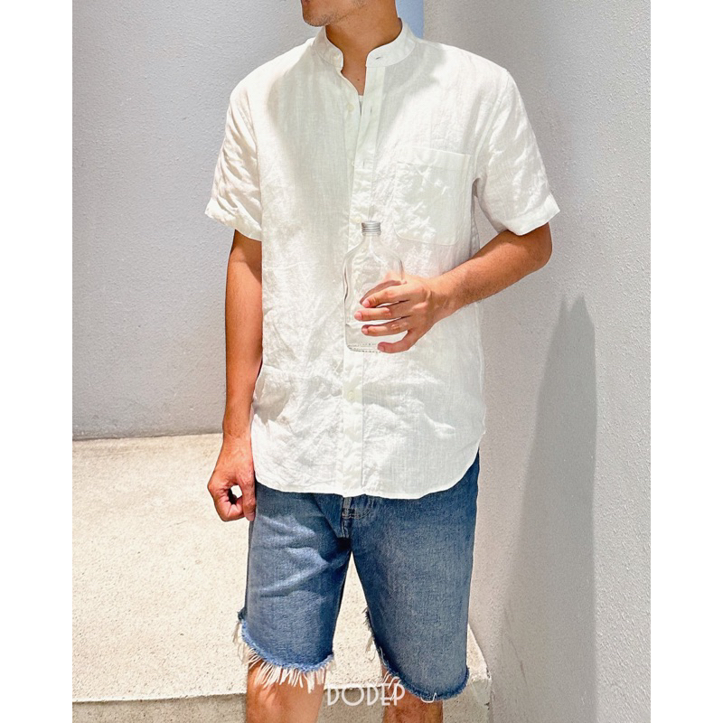 DODEP Áo sơmi ngắn tay linen premium cổ trụ