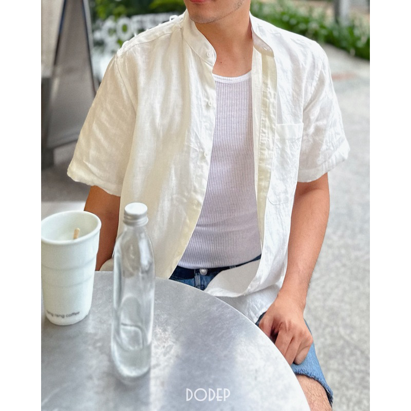 DODEP Áo sơmi ngắn tay linen premium cổ trụ