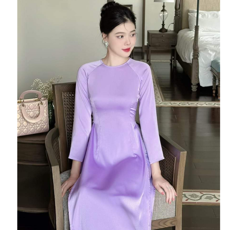 Áo dài màu Tím cà,vải lụa Ngọc Trai cổ tròn.NT056