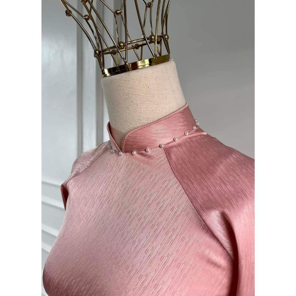 VG003 Áo dài lụa vân gỗ Hồng pastel cao cấp,sang trọng