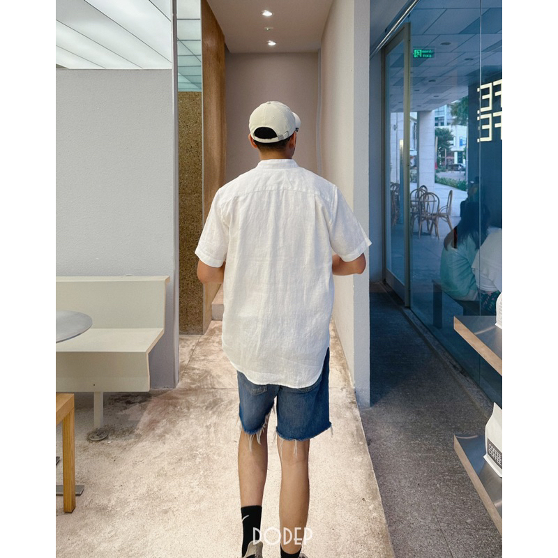 DODEP Áo sơmi ngắn tay linen premium cổ trụ