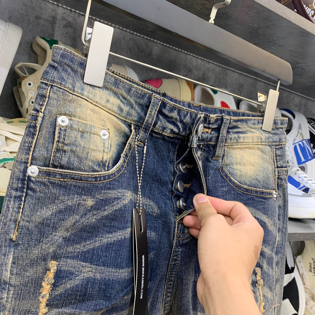 Quần jean bò nam Amiri slimfit xanh bụi rách xù to đùi gối vá vải đính đá bạc 4 cúc boy phố QJ250P