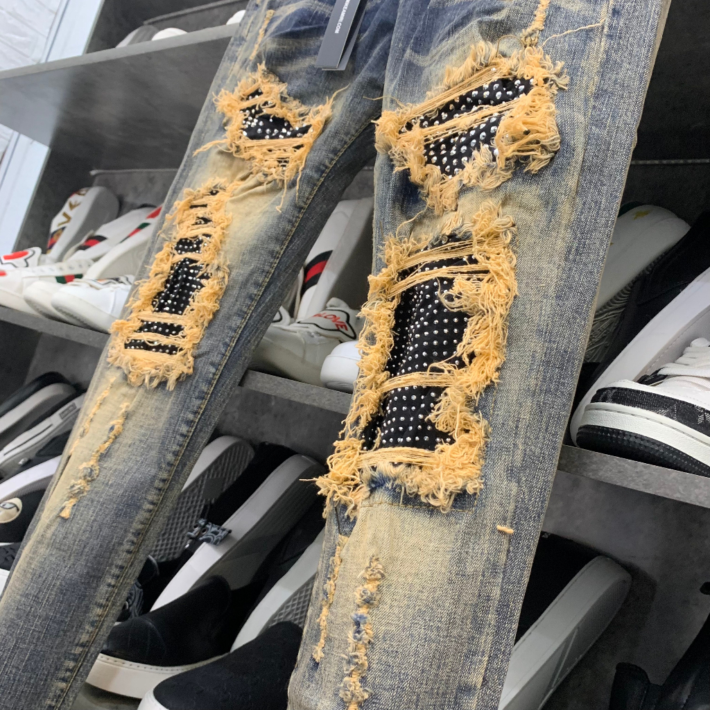 Quần jean bò nam Amiri slimfit xanh bụi rách xù to đùi gối vá vải đính đá bạc 4 cúc boy phố QJ250P