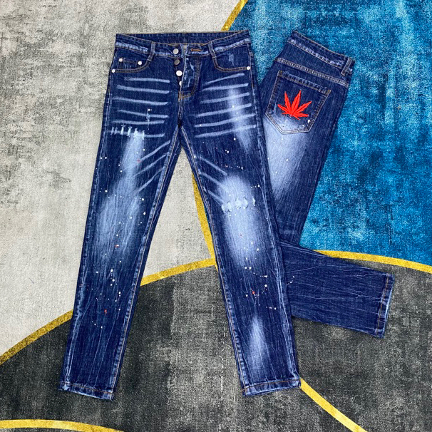 Quần Jeans Biker DSQ Phối Logo Lá Phong Đỏ Loang  Hàng Đẹp - Quần Jeans Bò Nam Dày Dặn Hot Trend