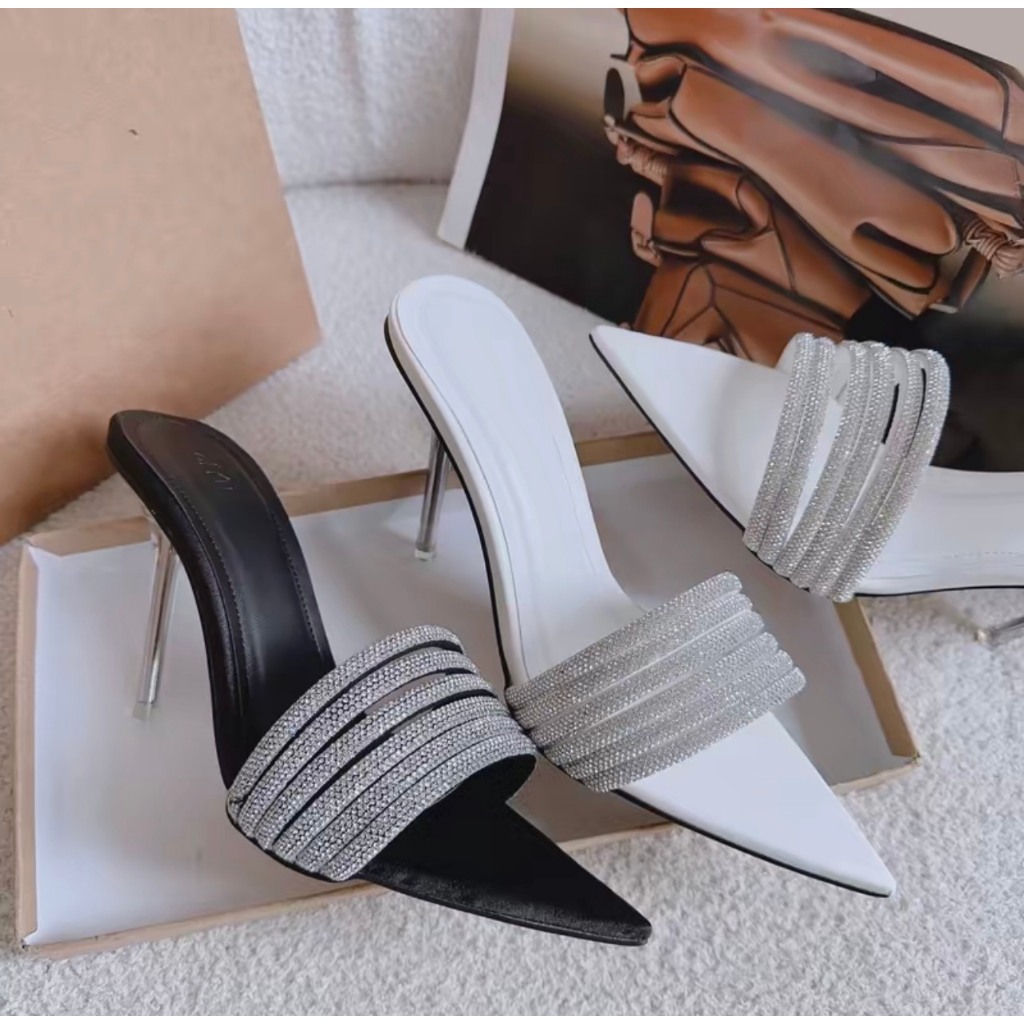 Guốc Nữ Cao Gót 9P Quai Ngang 6 Dây Đính Đá Lấp Lánh Siêu Sang