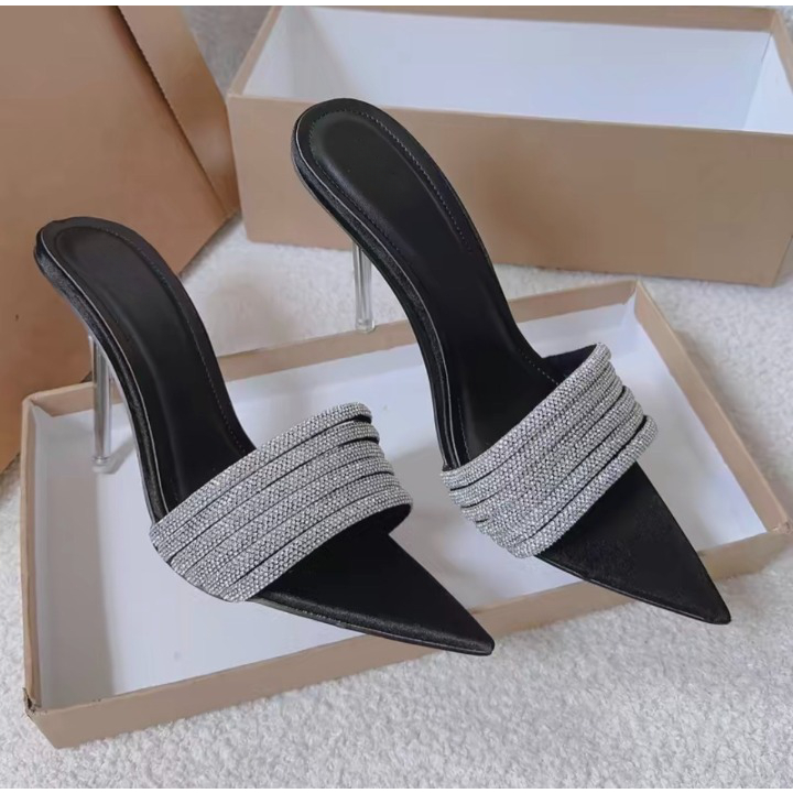 Guốc Nữ Cao Gót 9P Quai Ngang 6 Dây Đính Đá Lấp Lánh Siêu Sang