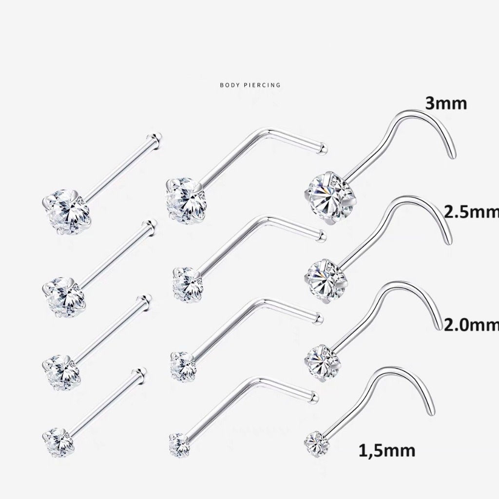 Khuyên mũi titan đính đá 1.5, 2, 2.5, 3mm ,thân L,  Cong, Thẳng