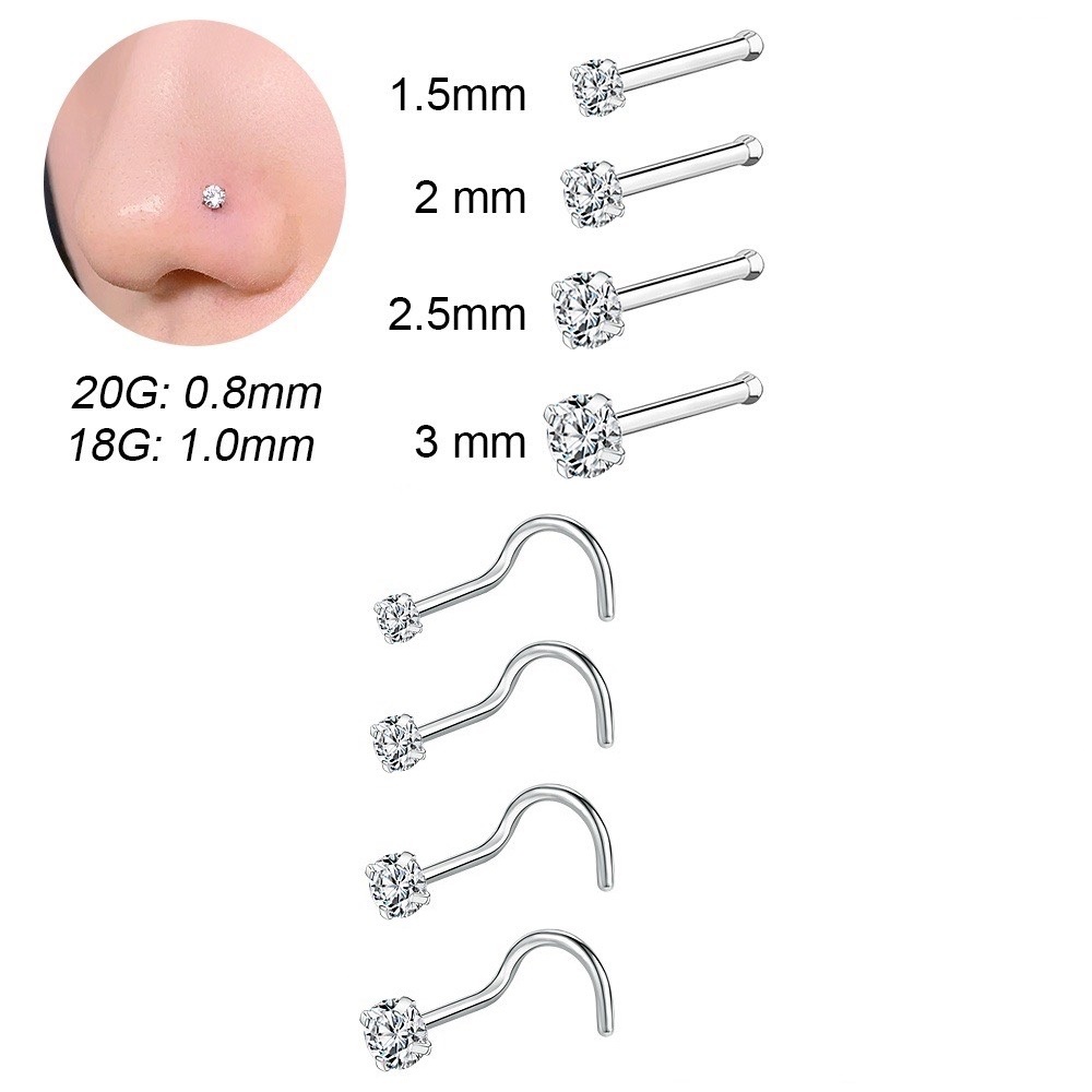 Khuyên mũi titan đính đá 1.5, 2, 2.5, 3mm ,thân L,  Cong, Thẳng
