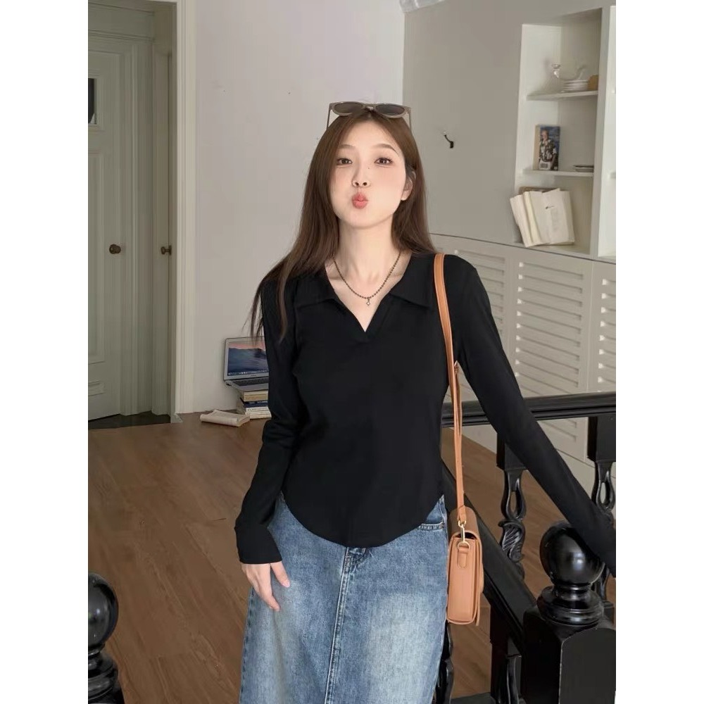 Áo polo vạt bầu dài tay dáng ôm siêu tôn dáng thời trang basic Maia Aopolovatbau1096 P13K7