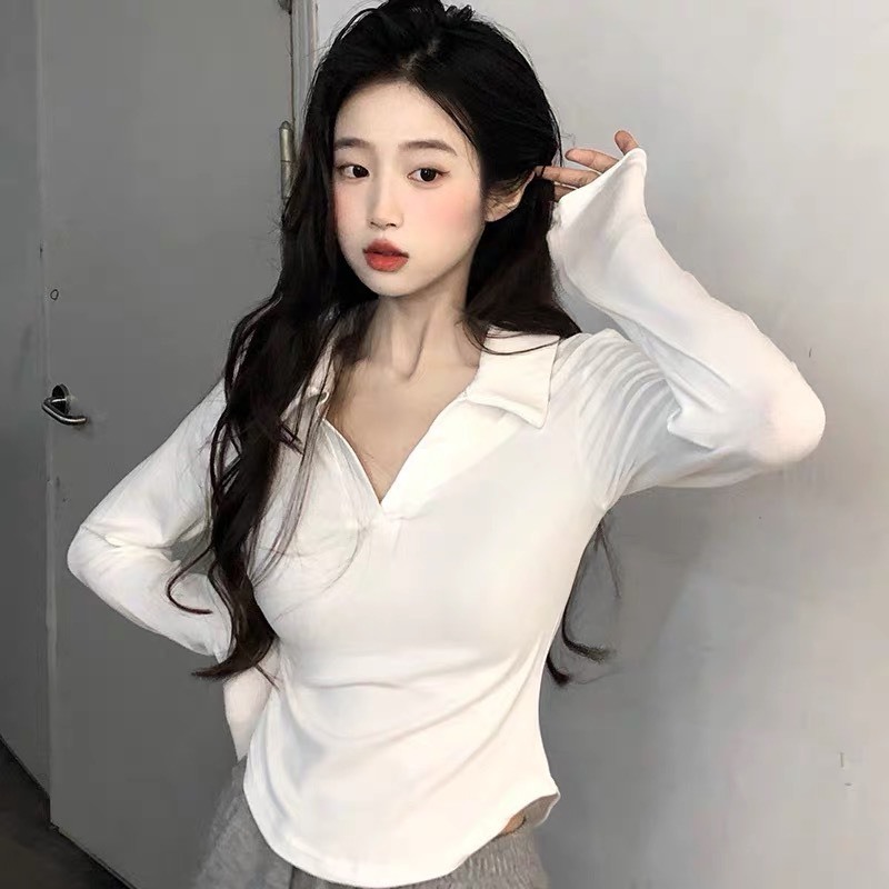 Áo polo vạt bầu dài tay dáng ôm siêu tôn dáng thời trang basic Maia Aopolovatbau1096 P13K7