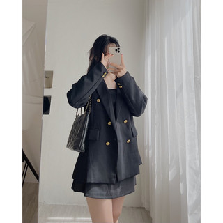 Áo blazer nữ, Áo vest nữ phối khuy đồng dáng dài form rộng màu trơn vải 2 lớp dày dặn phong cách Hàn Quốc