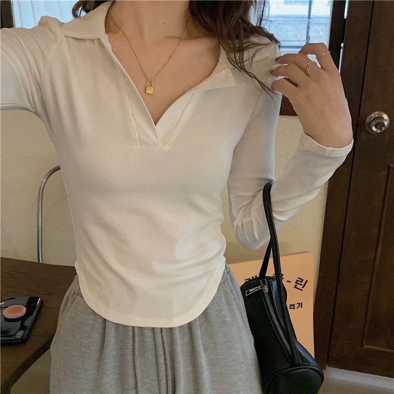 Áo polo vạt bầu dài tay dáng ôm siêu tôn dáng thời trang basic Maia Aopolovatbau1096 P13K7