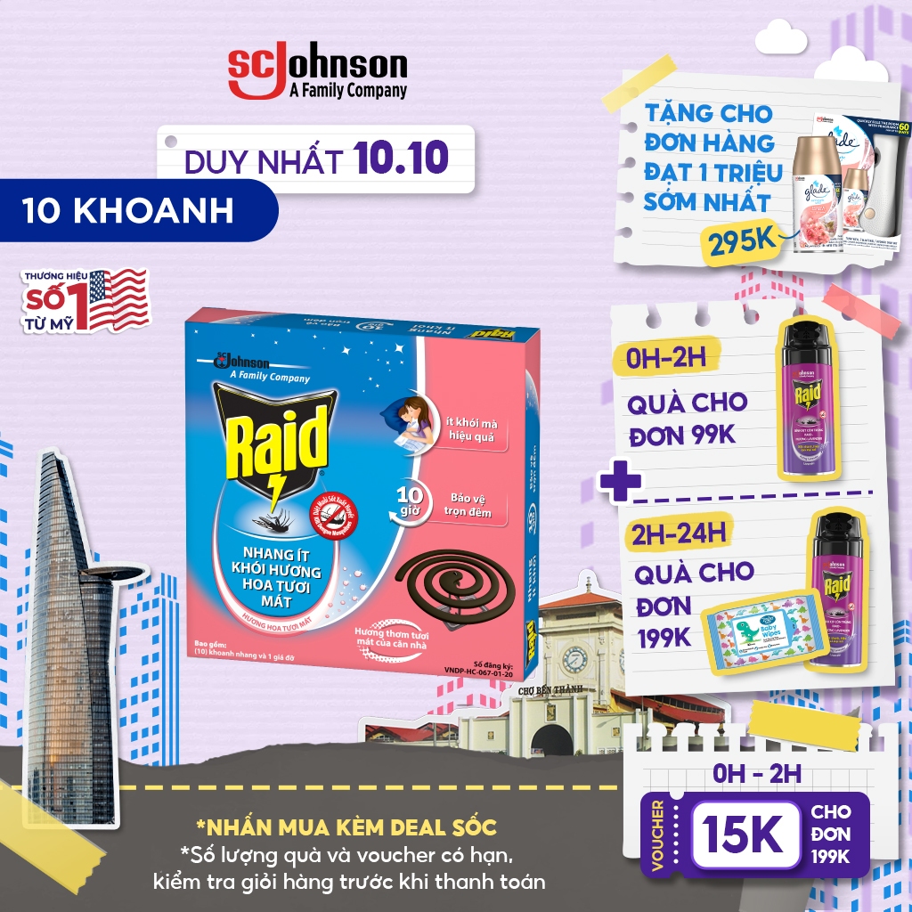 RAID Nhang diệt muỗi ít khói Hương Hoa - 10 khoanh