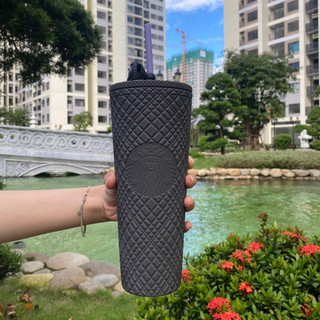 LY STARBUCKS COLD CUP 24OZ (710ML) PLASTIC GREY JEWEL WITH KITTEN BAT TOPPER [CHÍNH HÃNG]
