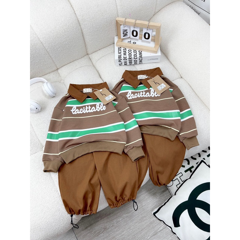 Set bộ áo kẻ da cá kèm quần túi hộp cho bé trai