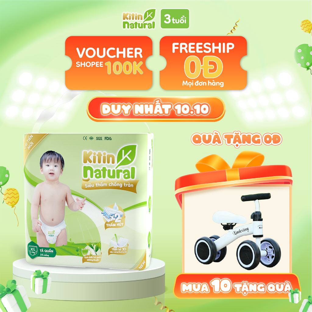 [MUA KÈM DEAL SỐC] Combo 10 bịch Tã/Bỉm Kitin Natural quần Kitin Natural size NB56/S50/M44/L40