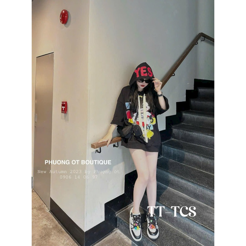 Áo hoodies nỉ mũ tay lỡ hình