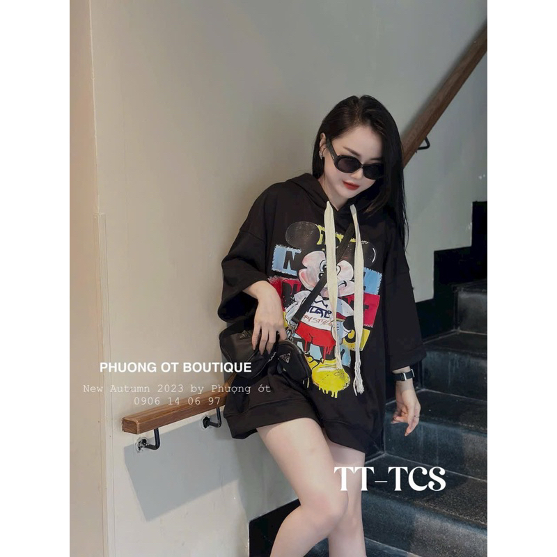 Áo hoodies nỉ mũ tay lỡ hình