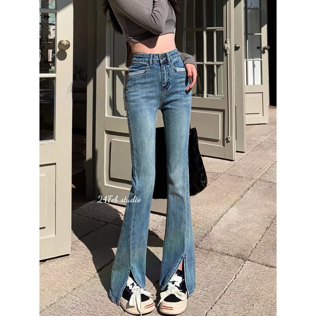 [QAN11] Quần jeans cạp cao ống loe xẻ phong cách ulzzang Hàn Quốc