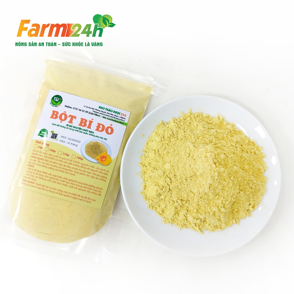 Bột bí đỏ  sấy lạnh nguyên chất 100%, tạo màu cho bánh kẹo, đồ uống, nấu cháo, súp, thạch dừa, rau câu, đắp mặt