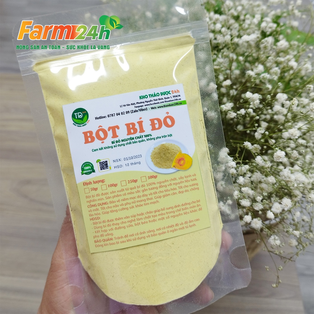 Bột bí đỏ  sấy lạnh nguyên chất 100%, tạo màu cho bánh kẹo, đồ uống, nấu cháo, súp, thạch dừa, rau câu, đắp mặt