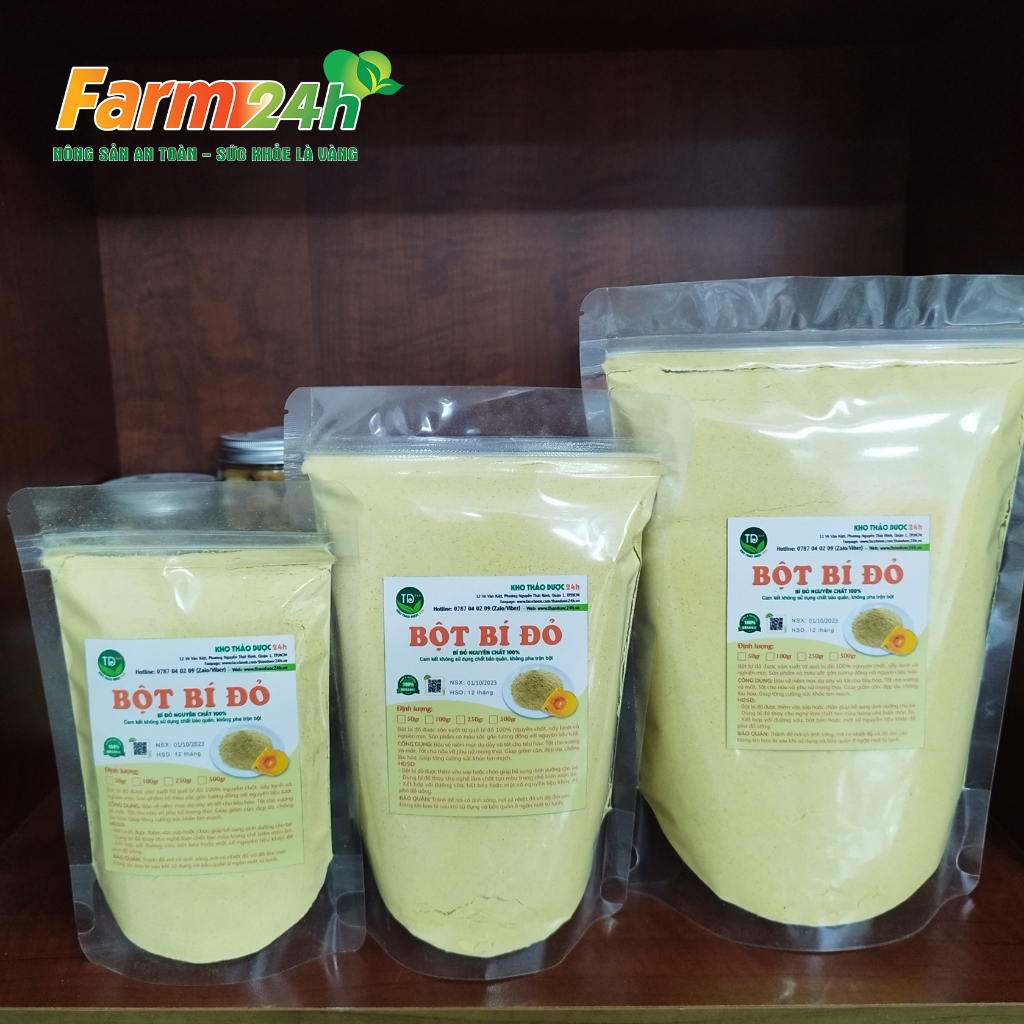 Bột bí đỏ  sấy lạnh nguyên chất 100%, tạo màu cho bánh kẹo, đồ uống, nấu cháo, súp, thạch dừa, rau câu, đắp mặt