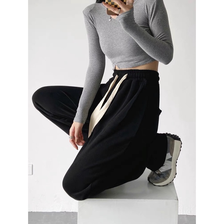 Quần ống rộng nỉ nhung tăm, quần dài ống suông có cạp chun lưng cao có dây rút tôn dáng | BigBuy360 - bigbuy360.vn