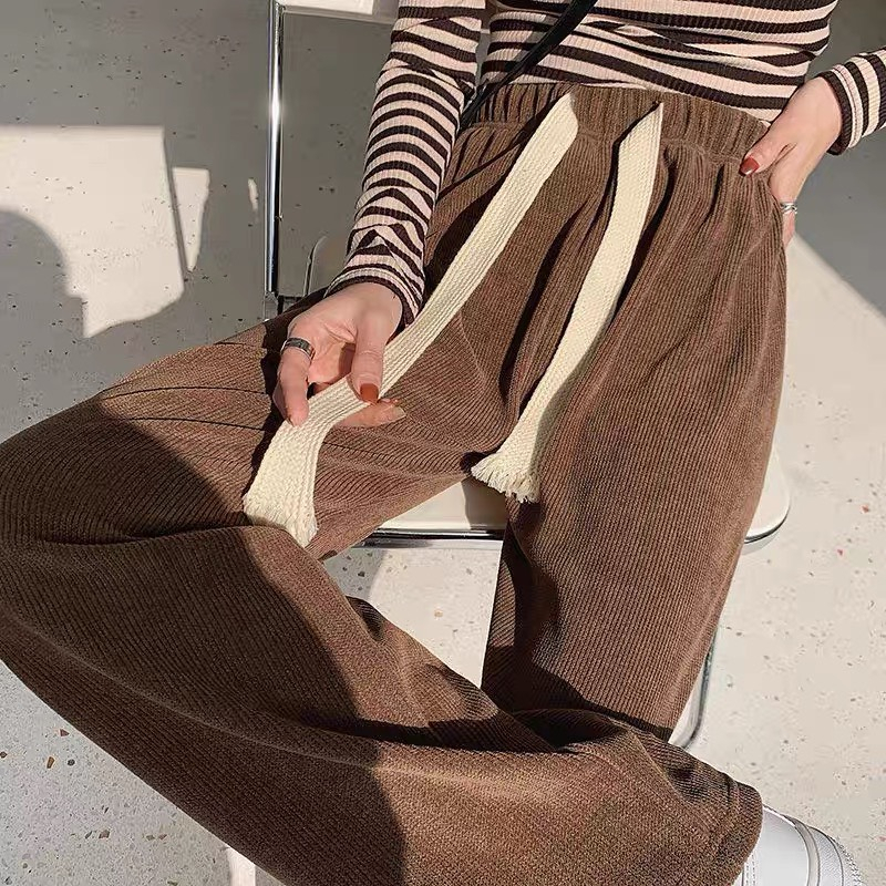 Quần ống rộng nỉ nhung tăm, quần dài ống suông có cạp chun lưng cao có dây rút tôn dáng