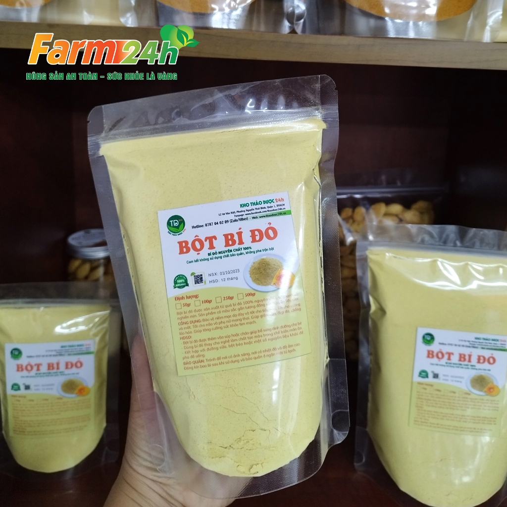 Bột bí đỏ  sấy lạnh nguyên chất 100%, tạo màu cho bánh kẹo, đồ uống, nấu cháo, súp, thạch dừa, rau câu, đắp mặt