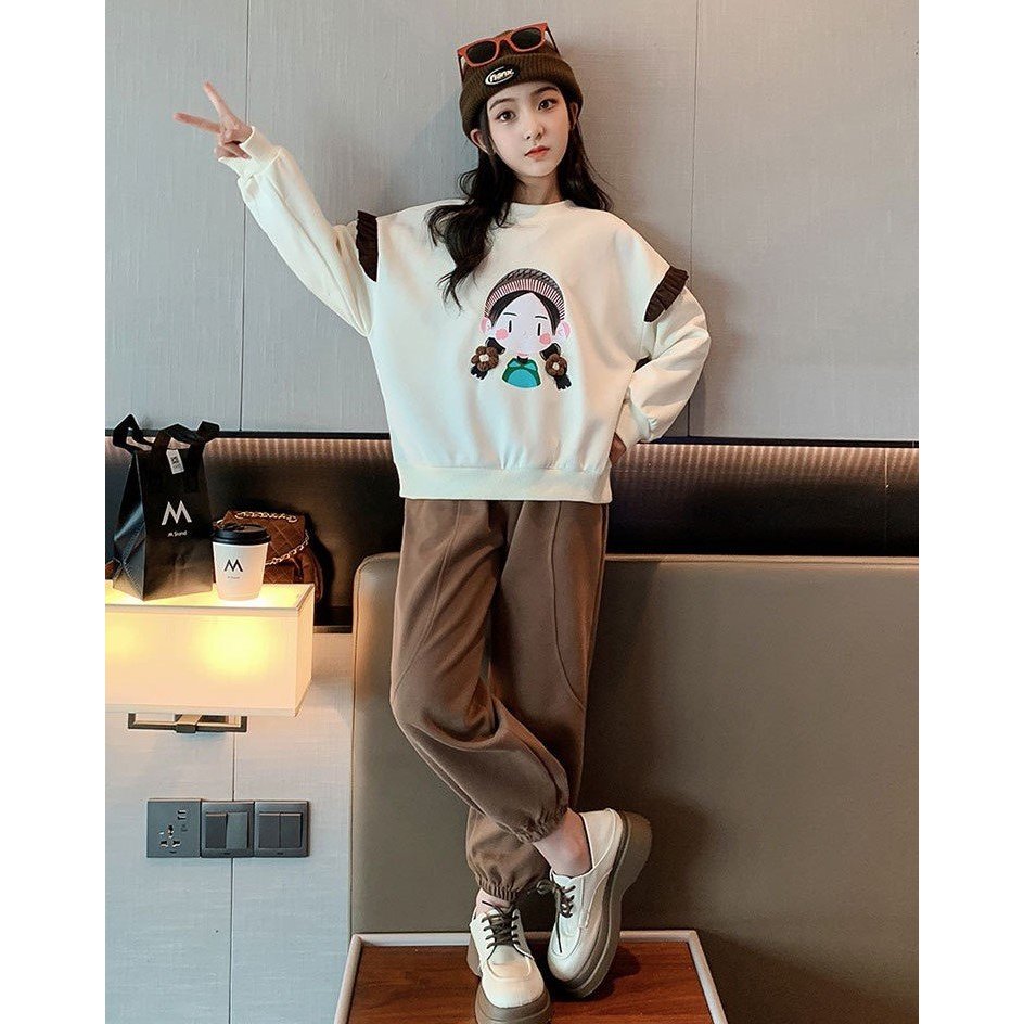 Bộ quần áo nỉ thu đông bé gái 18-55kg hình CÔ GÁI CHIBI.CHất vải nỉ da cá mềm,hình in xinh xắn.BG2