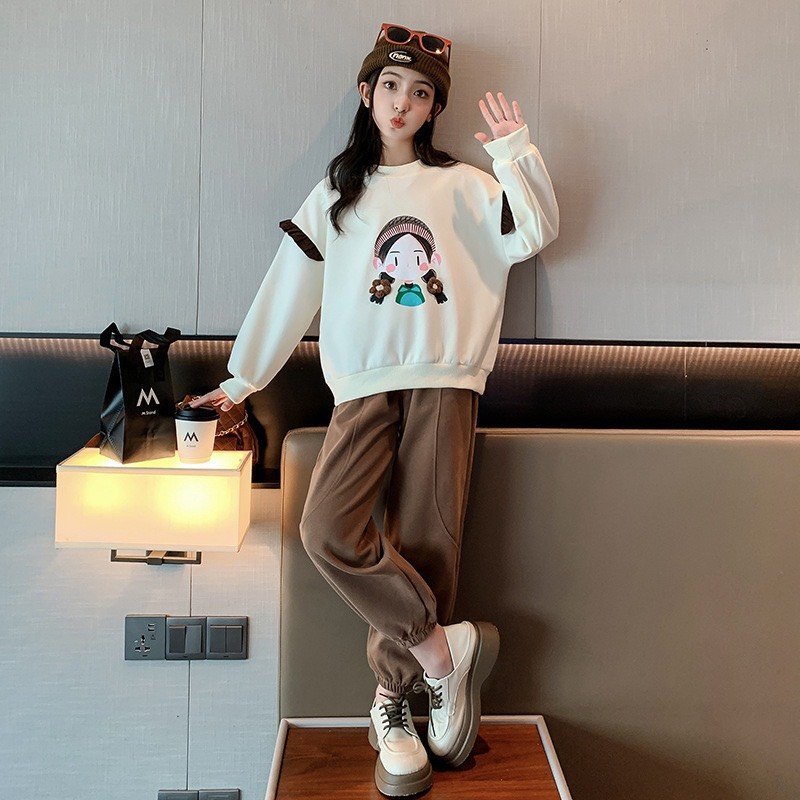 Bộ quần áo nỉ thu đông bé gái 18-55kg hình CÔ GÁI CHIBI.CHất vải nỉ da cá mềm,hình in xinh xắn.BG2