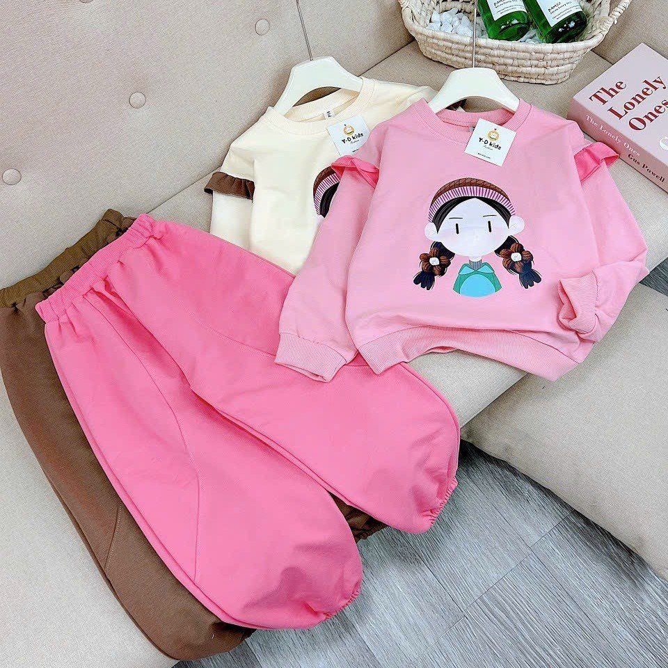 Bộ quần áo nỉ thu đông bé gái 18-55kg hình CÔ GÁI CHIBI.CHất vải nỉ da cá mềm,hình in xinh xắn.BG2