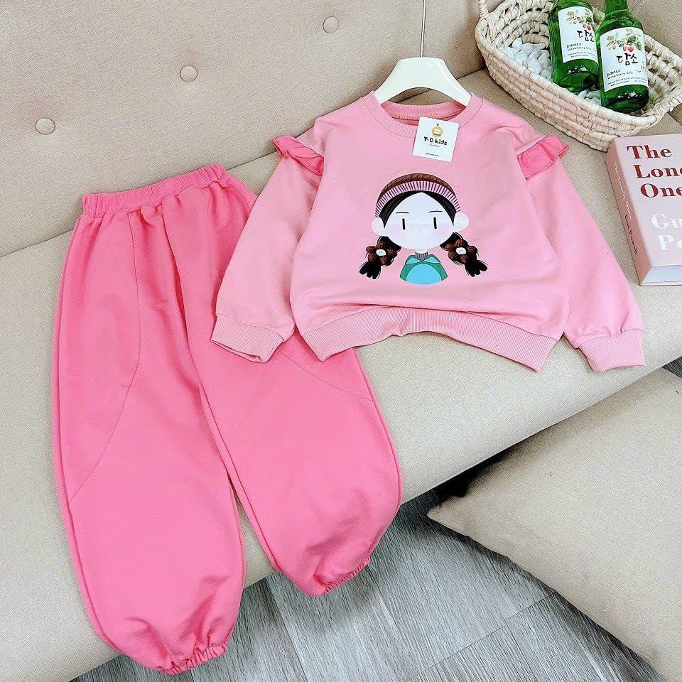 Bộ quần áo nỉ thu đông bé gái 18-55kg hình CÔ GÁI CHIBI.CHất vải nỉ da cá mềm,hình in xinh xắn.BG2