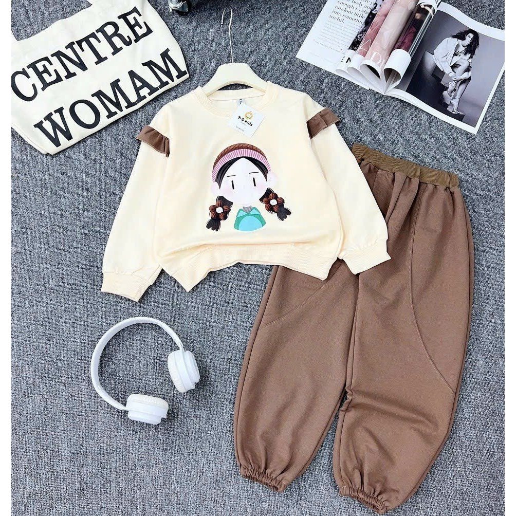 Bộ quần áo nỉ thu đông bé gái 18-55kg hình CÔ GÁI CHIBI.CHất vải nỉ da cá mềm,hình in xinh xắn.BG2