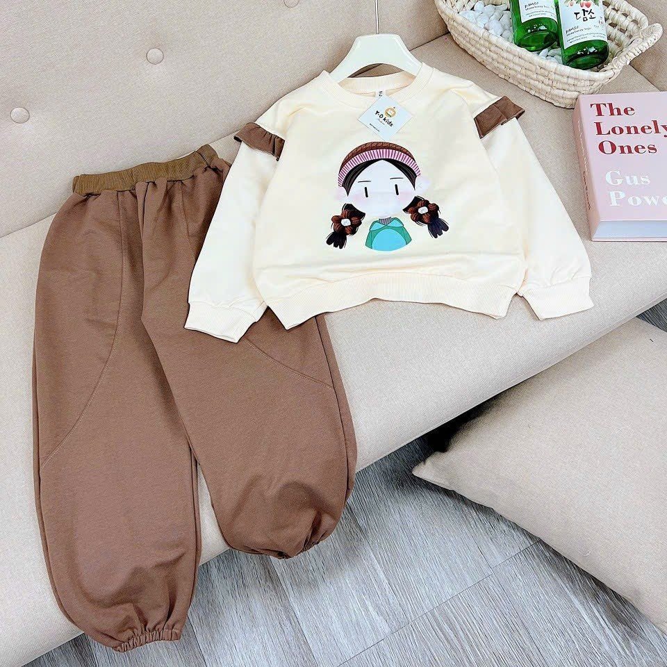 Bộ quần áo nỉ thu đông bé gái 18-55kg hình CÔ GÁI CHIBI.CHất vải nỉ da cá mềm,hình in xinh xắn.BG2