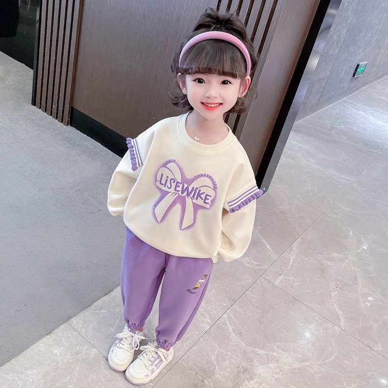 Bộ quần áo nỉ thu đông bé gái 18-55kg hình NƠ.Chất vải da cá mềm,hình in xinh xắn.BG53