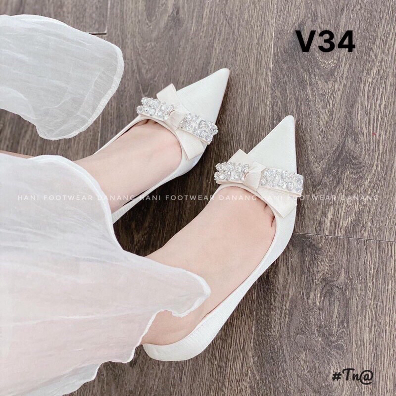 Giày cao gót mũi nhọn gắn nơ đá, giày cô dâu, giày cưới gót nhọn 8cm mã OCV34