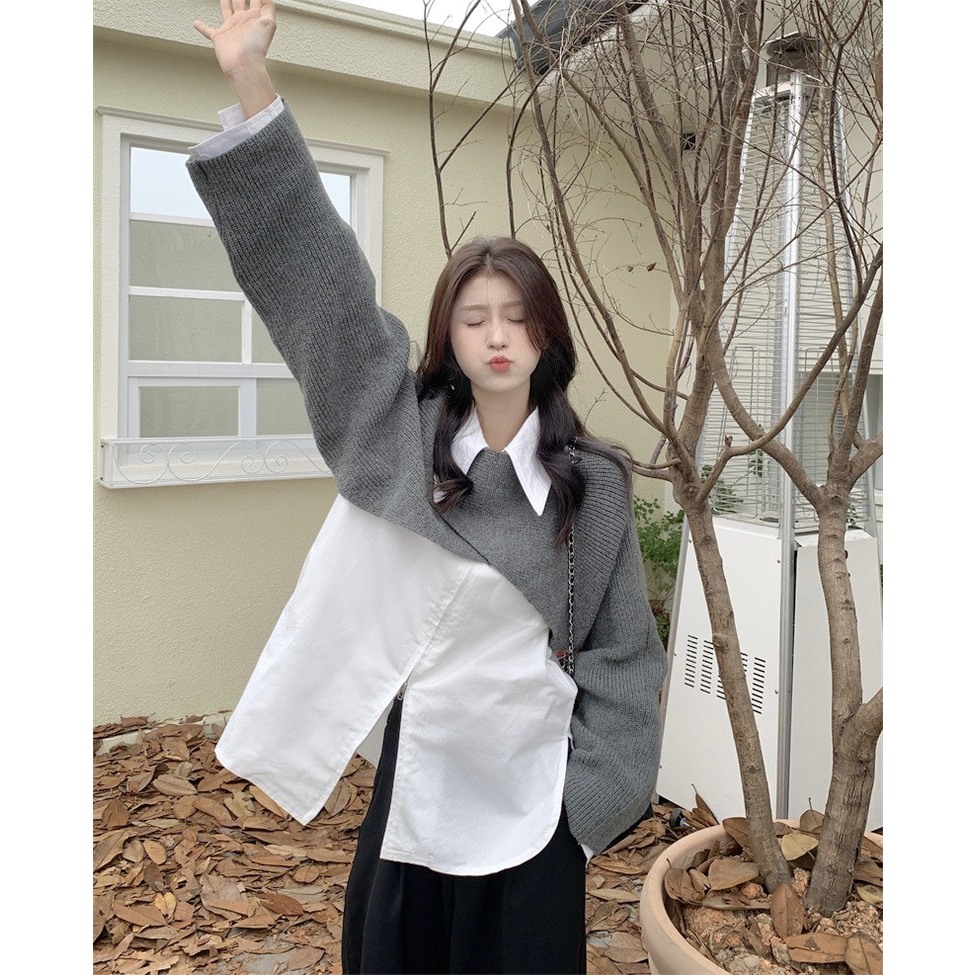 Áo dệt kim ngắn dài tay phối sơ mi rộng, Set áo len chéo vạt kèm sơ mi trắng Shine.Clothes