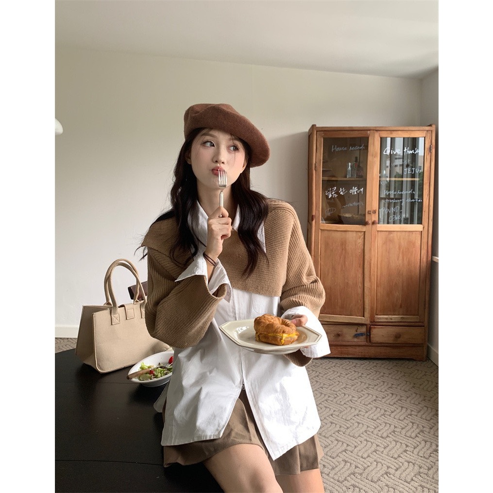 Áo dệt kim ngắn dài tay phối sơ mi rộng, Set áo len chéo vạt kèm sơ mi trắng Shine.Clothes