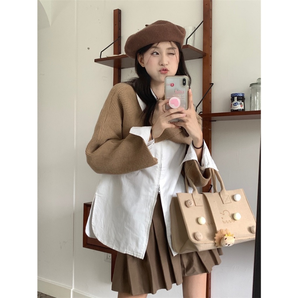 Áo dệt kim ngắn dài tay phối sơ mi rộng, Set áo len chéo vạt kèm sơ mi trắng Shine.Clothes