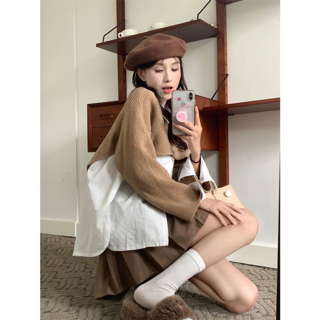 Áo dệt kim ngắn dài tay phối sơ mi rộng, Set áo len chéo vạt kèm sơ mi trắng Shine.Clothes