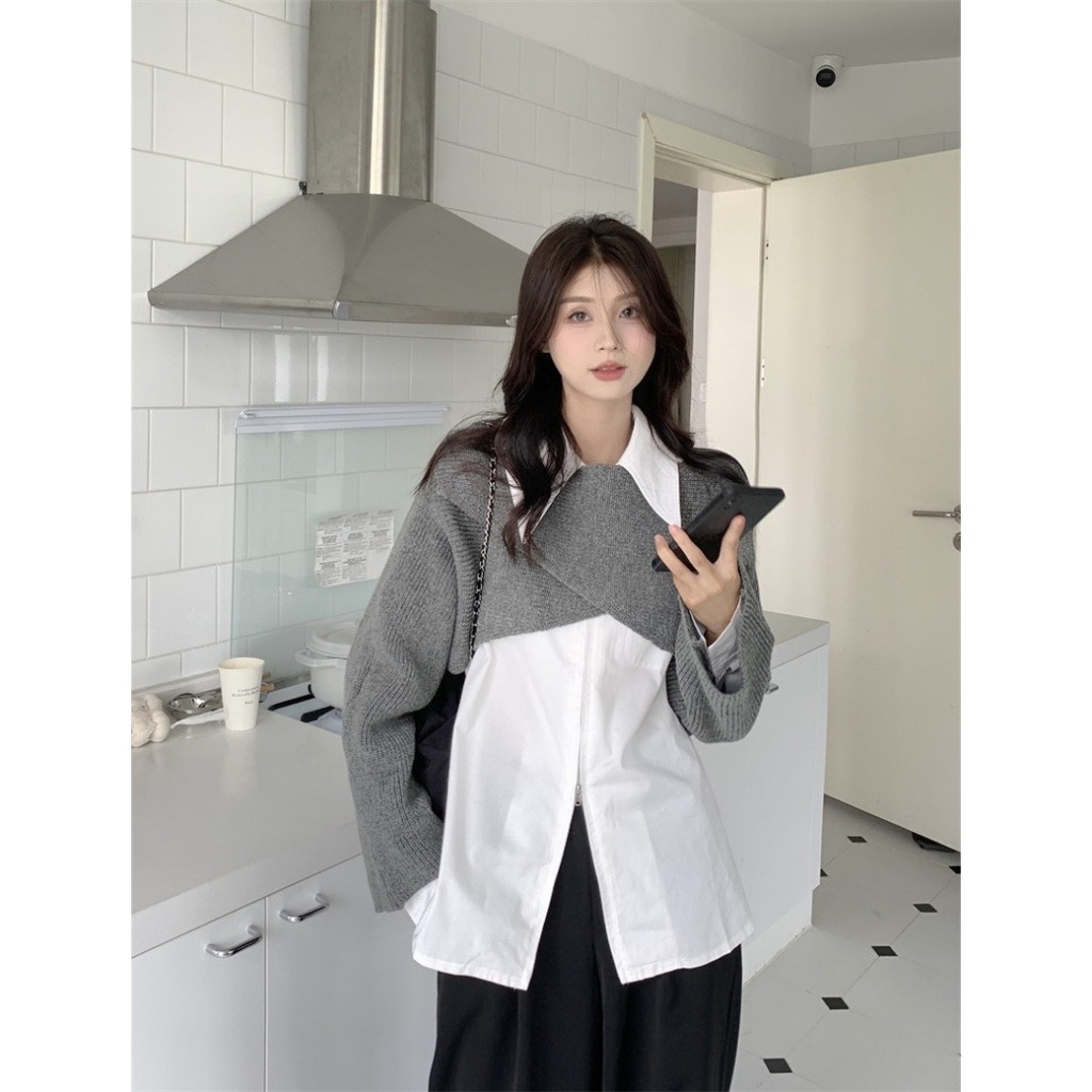Áo dệt kim ngắn dài tay phối sơ mi rộng, Set áo len chéo vạt kèm sơ mi trắng Shine.Clothes