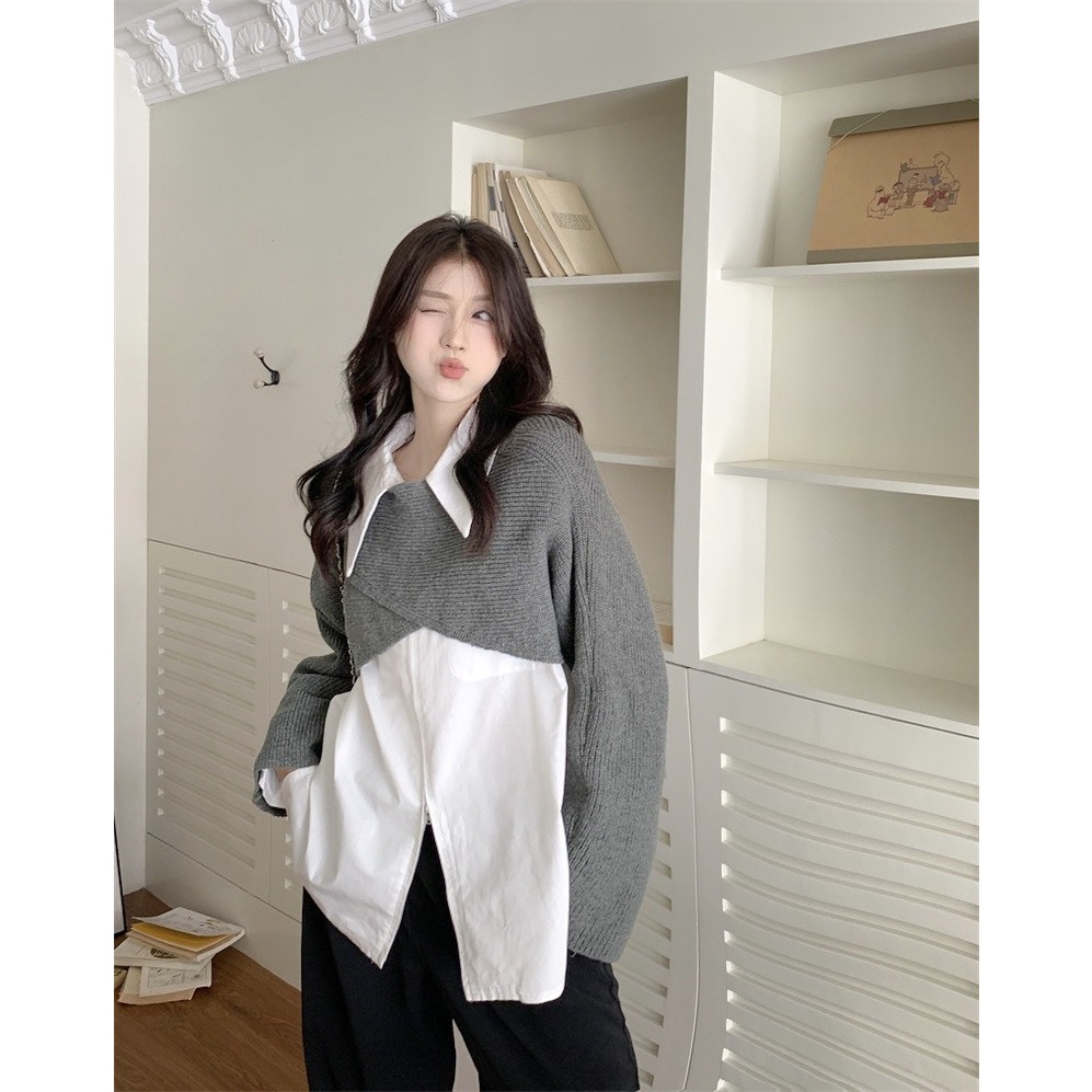 Áo dệt kim ngắn dài tay phối sơ mi rộng, Set áo len chéo vạt kèm sơ mi trắng Shine.Clothes