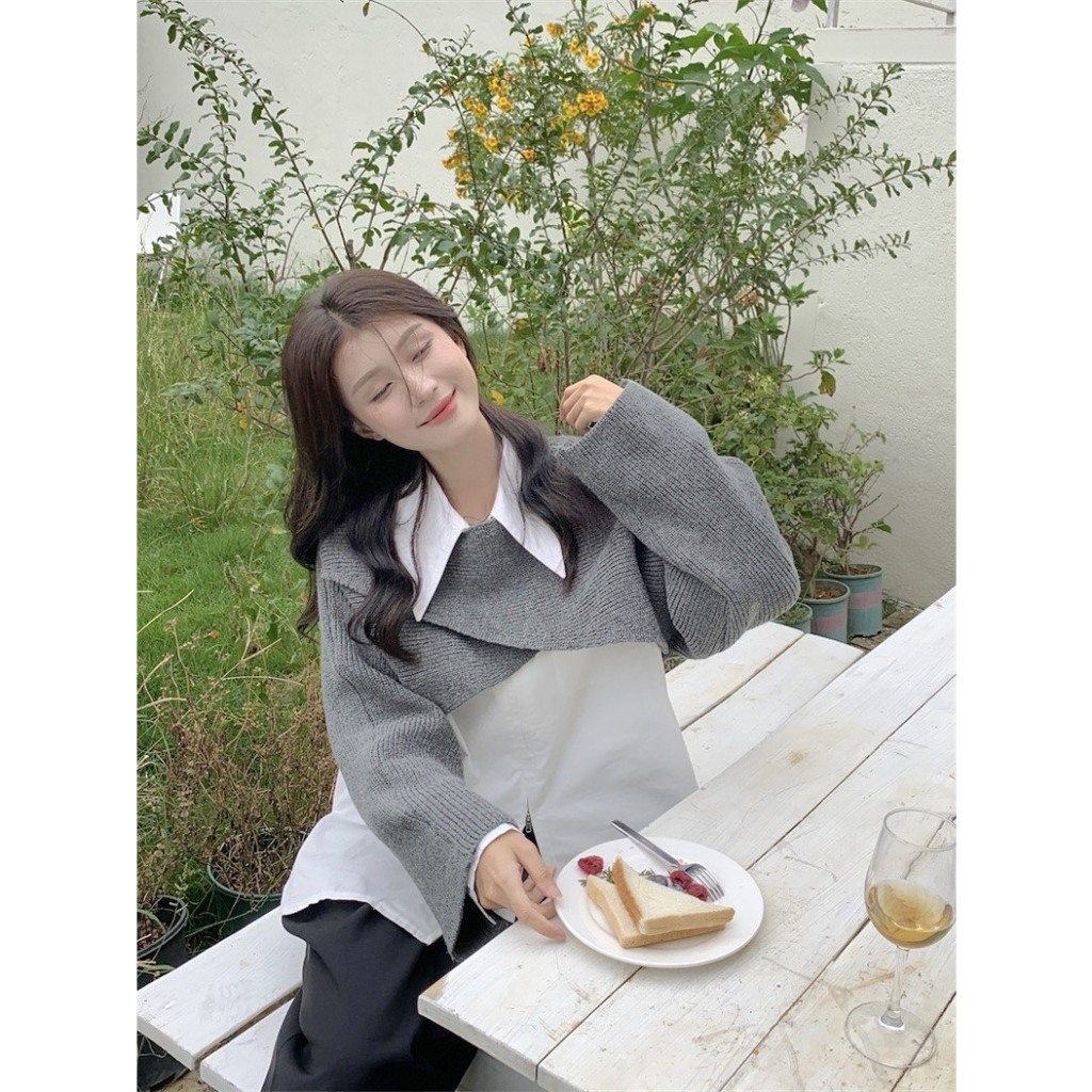 Áo dệt kim ngắn dài tay phối sơ mi rộng, Set áo len chéo vạt kèm sơ mi trắng Shine.Clothes