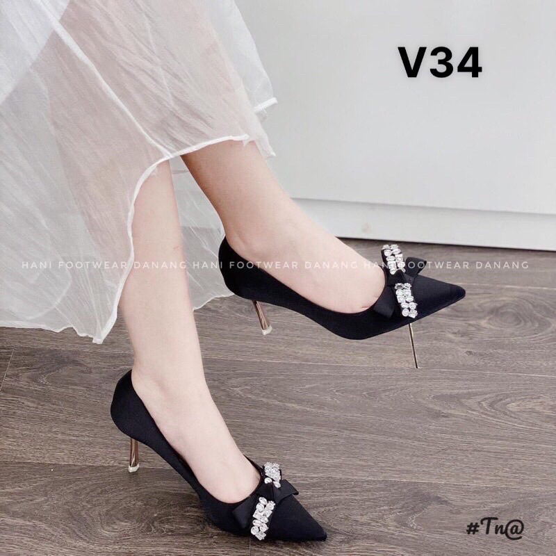 Giày cao gót mũi nhọn gắn nơ đá, giày cô dâu, giày cưới gót nhọn 8cm mã OCV34