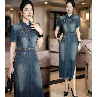 Hàng nhập cao cấp) váy đầm sơ mi jean xẻ tà siêu chất