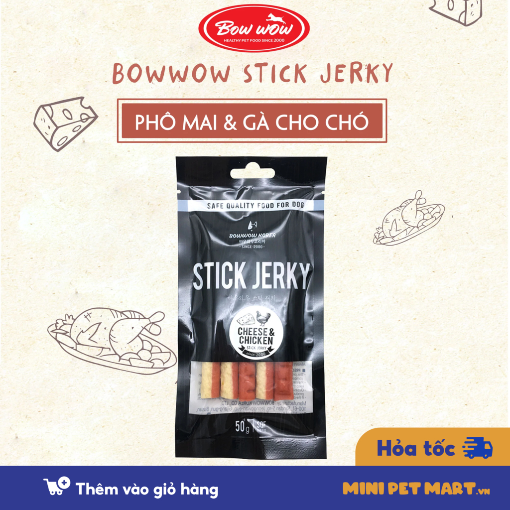Thịt Gà Và Phô Mai Que Cho Chó BOWWOW Snack Ăn Vặt Bánh Thưởng Cho Chó Hỗ Trợ Huấn Luyện Gói 50g - Mini Pet Mart