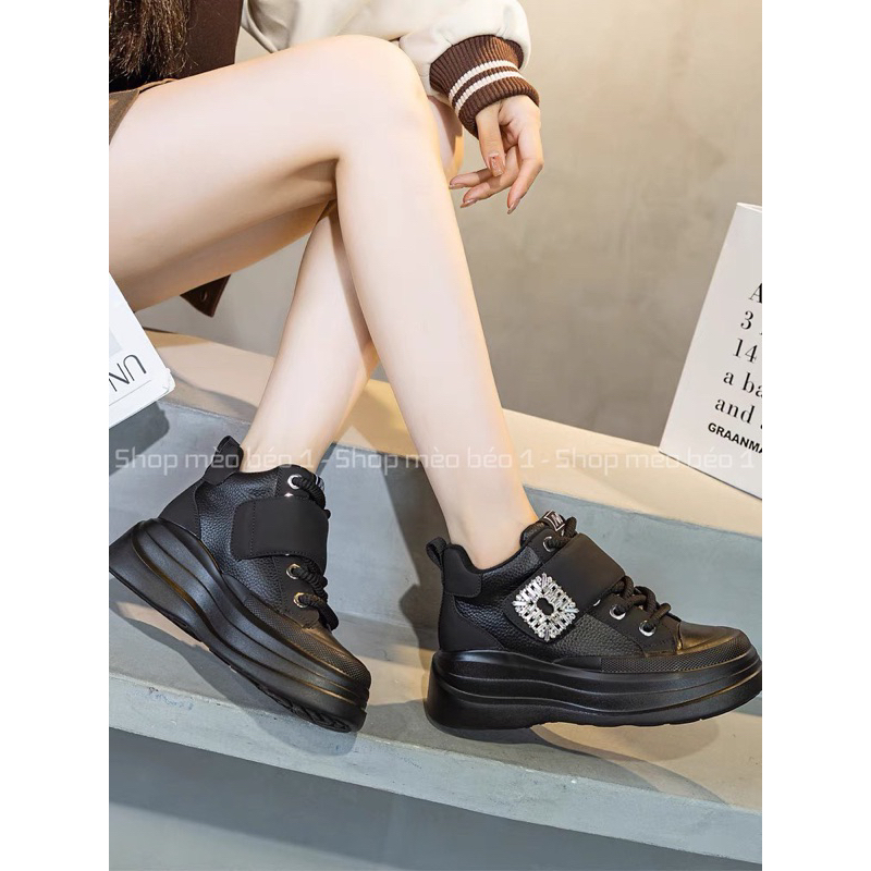 Giày thể thao sneaker đai ngang mặt khoá vuông độn đế cao fullbox hàng quảng châu cao cấp