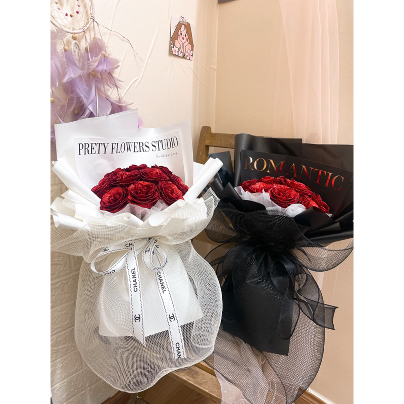 Bó hoa nhũ 10 bông phối voan